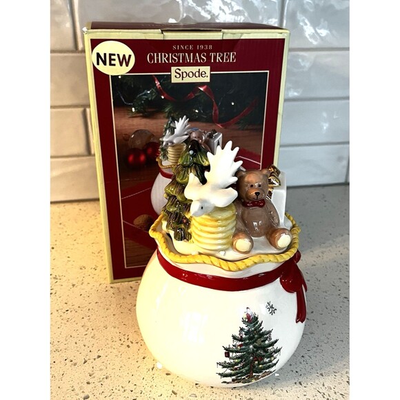 Spode Christmas Tree Round Covered Candy Box Teddy Bear Dove of Peace Tree 8” - Picture 2 of 13